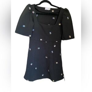 ASOS NWT Black Quilted Mini Dress Babydoll w Ditsy Floral Embroidery Size 2
